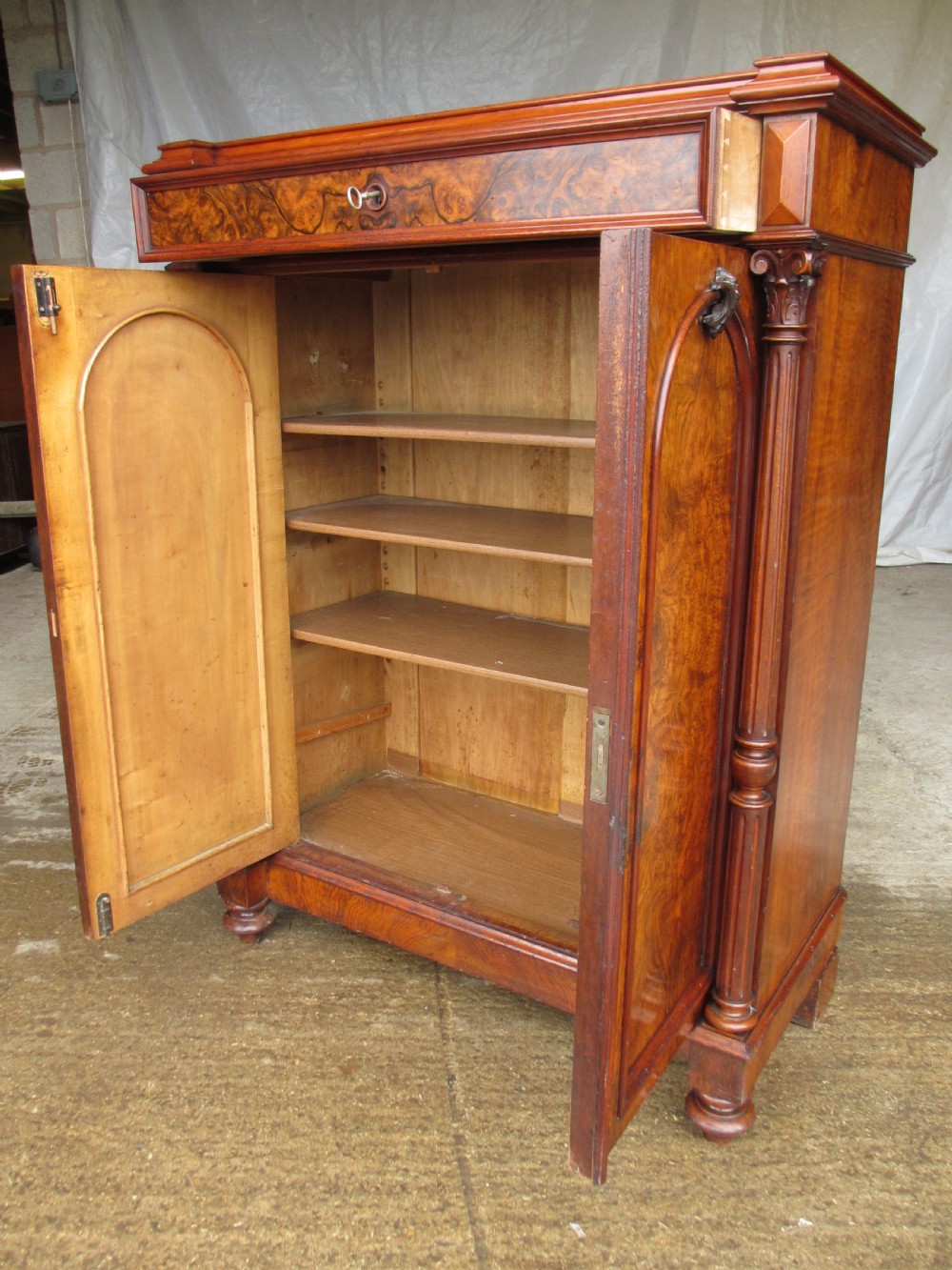 Superb victorian burr walnut cabinet buffet with key View VII