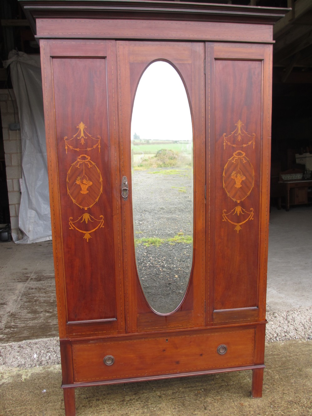 Edwardian mahogany single inlaid wardrobe oval mirror