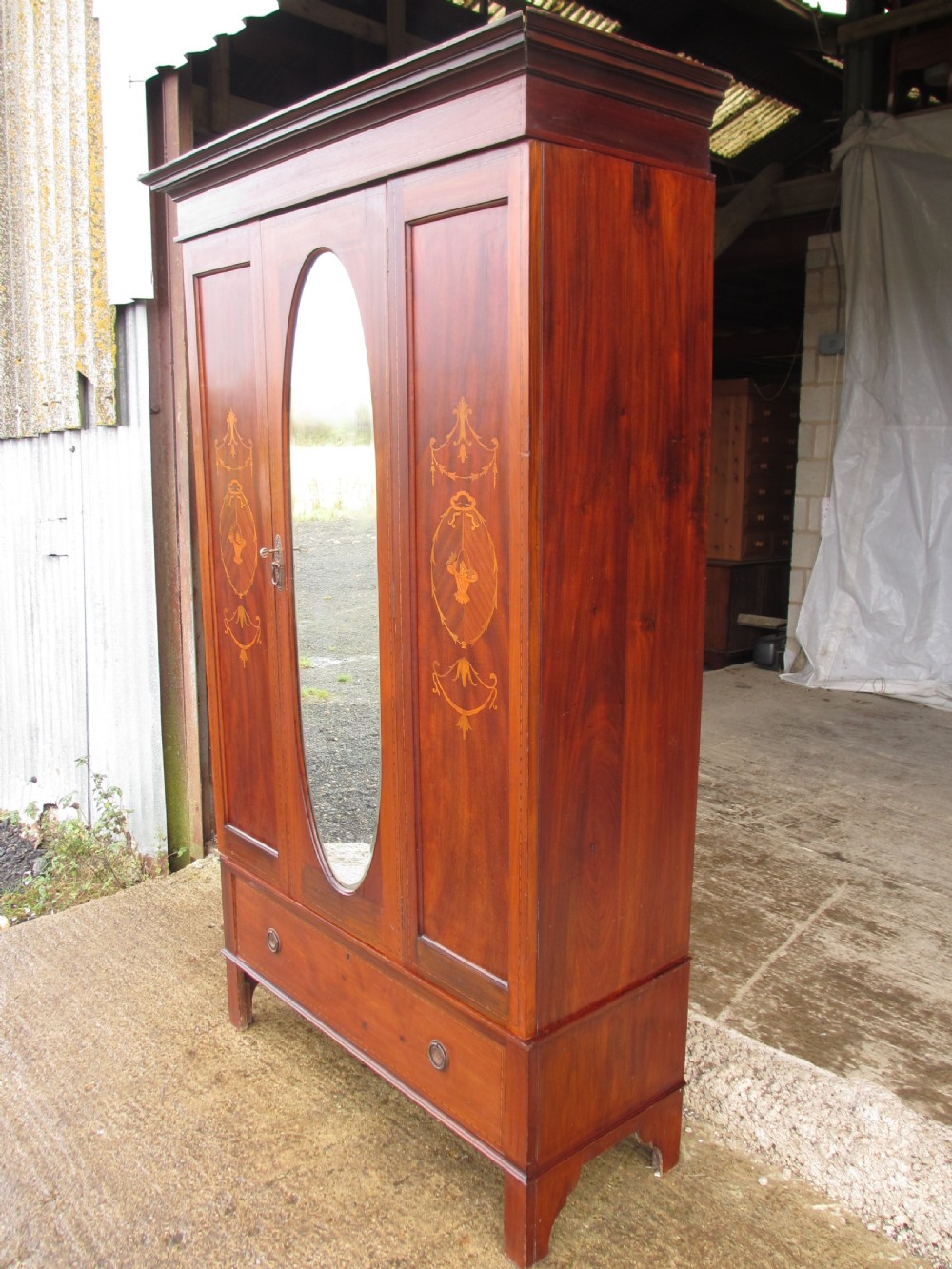 Edwardian mahogany single inlaid wardrobe oval mirror View II