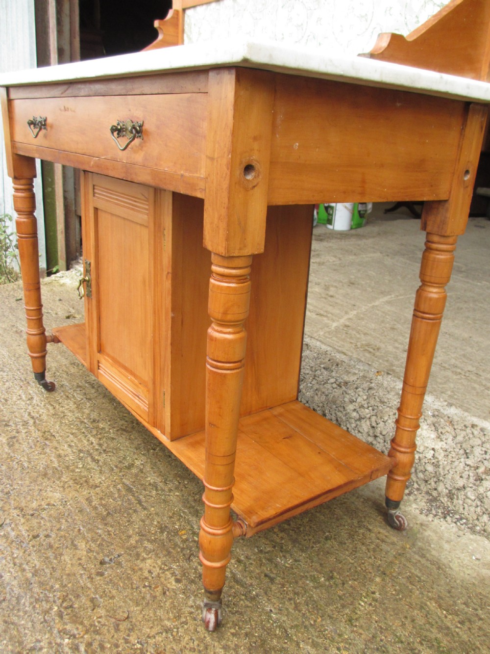 Edwardian satin wood marble topped gallery washstand With drawer on castors View III