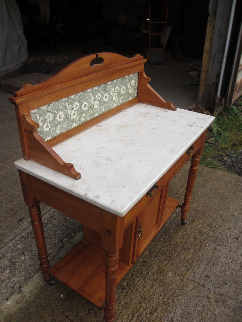 Edwardian satin wood marble topped gallery washstand With drawer on castors View IV