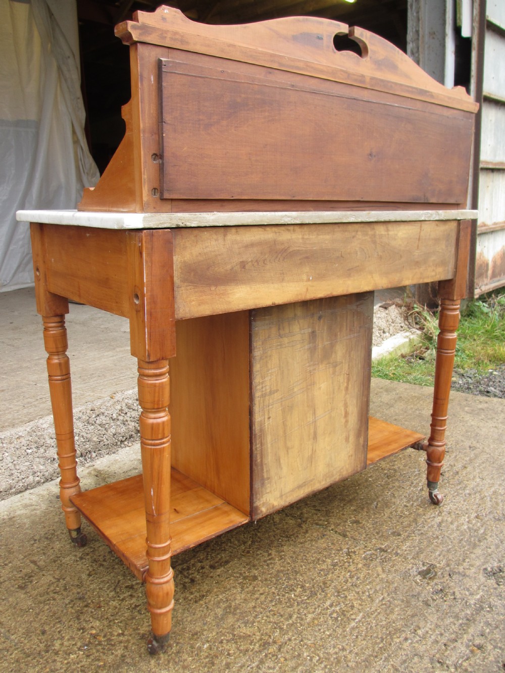 Edwardian satin wood marble topped gallery washstand With drawer on castors View VII