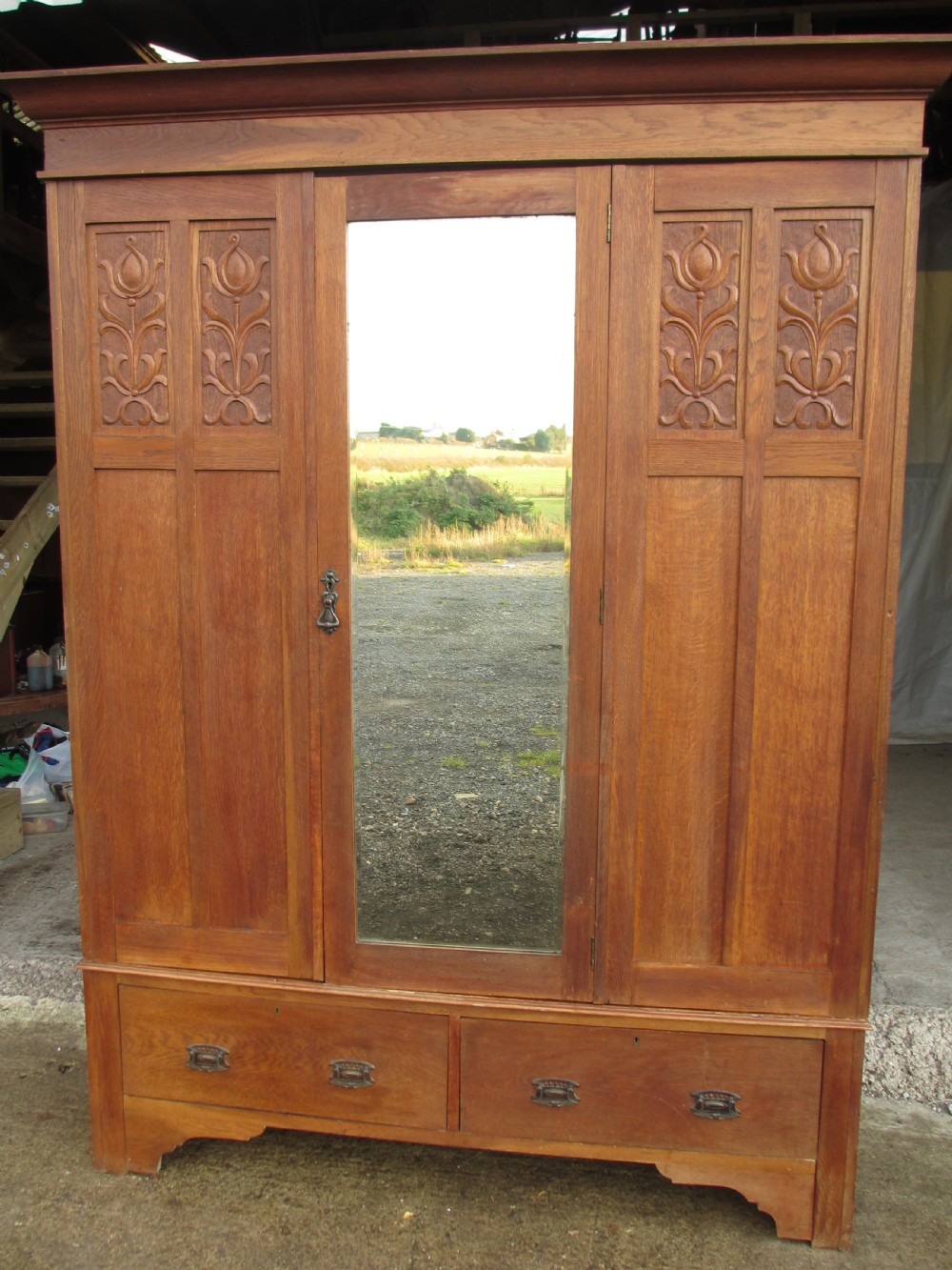 Edwardian oak art nouveau single mirror wardrobe 2 drawers