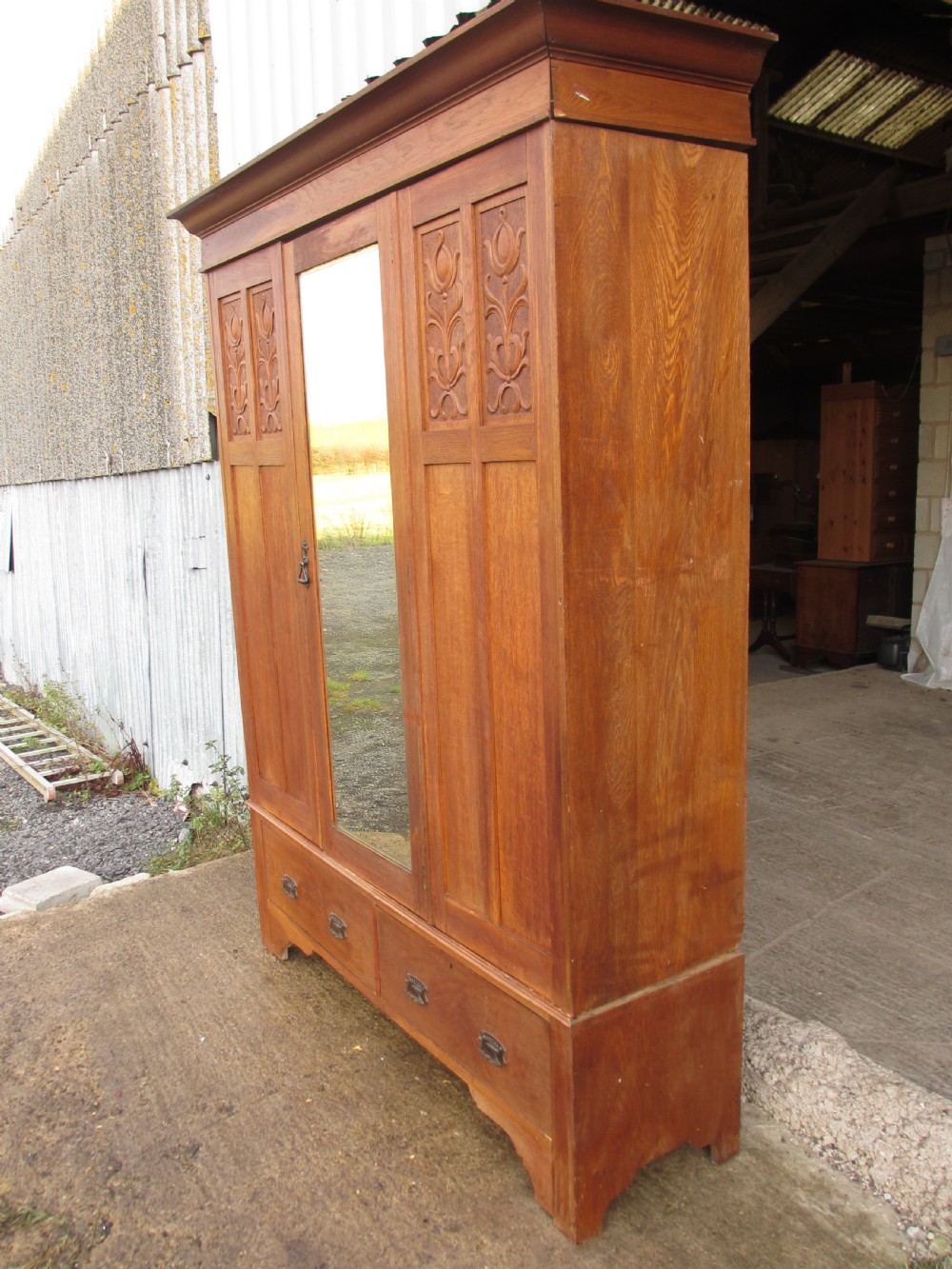 Edwardian oak art nouveau single mirror wardrobe 2 drawers View II