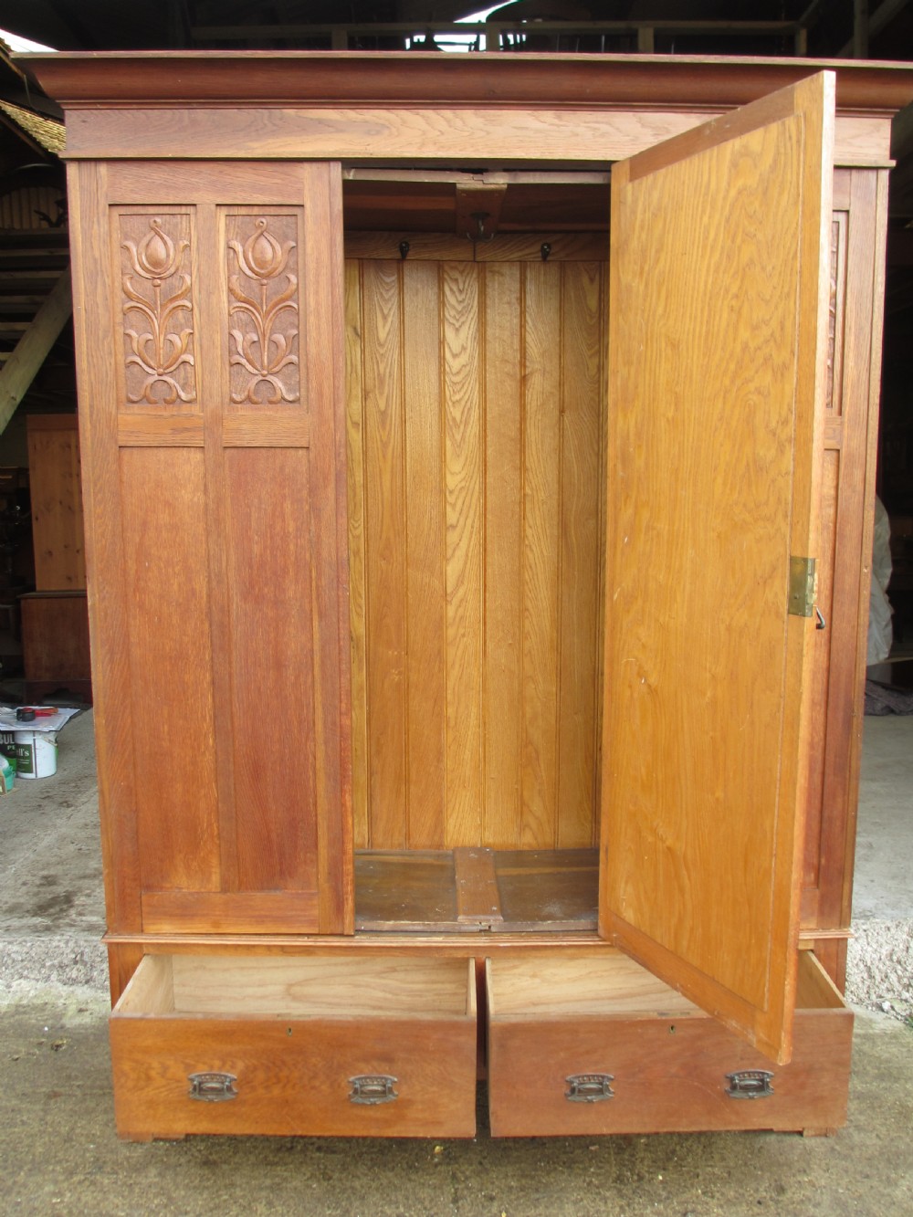 Edwardian oak art nouveau single mirror wardrobe 2 drawers View III