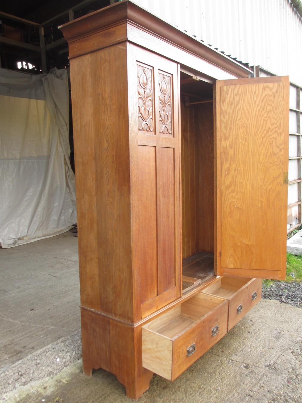Edwardian oak art nouveau single mirror wardrobe 2 drawers View IV