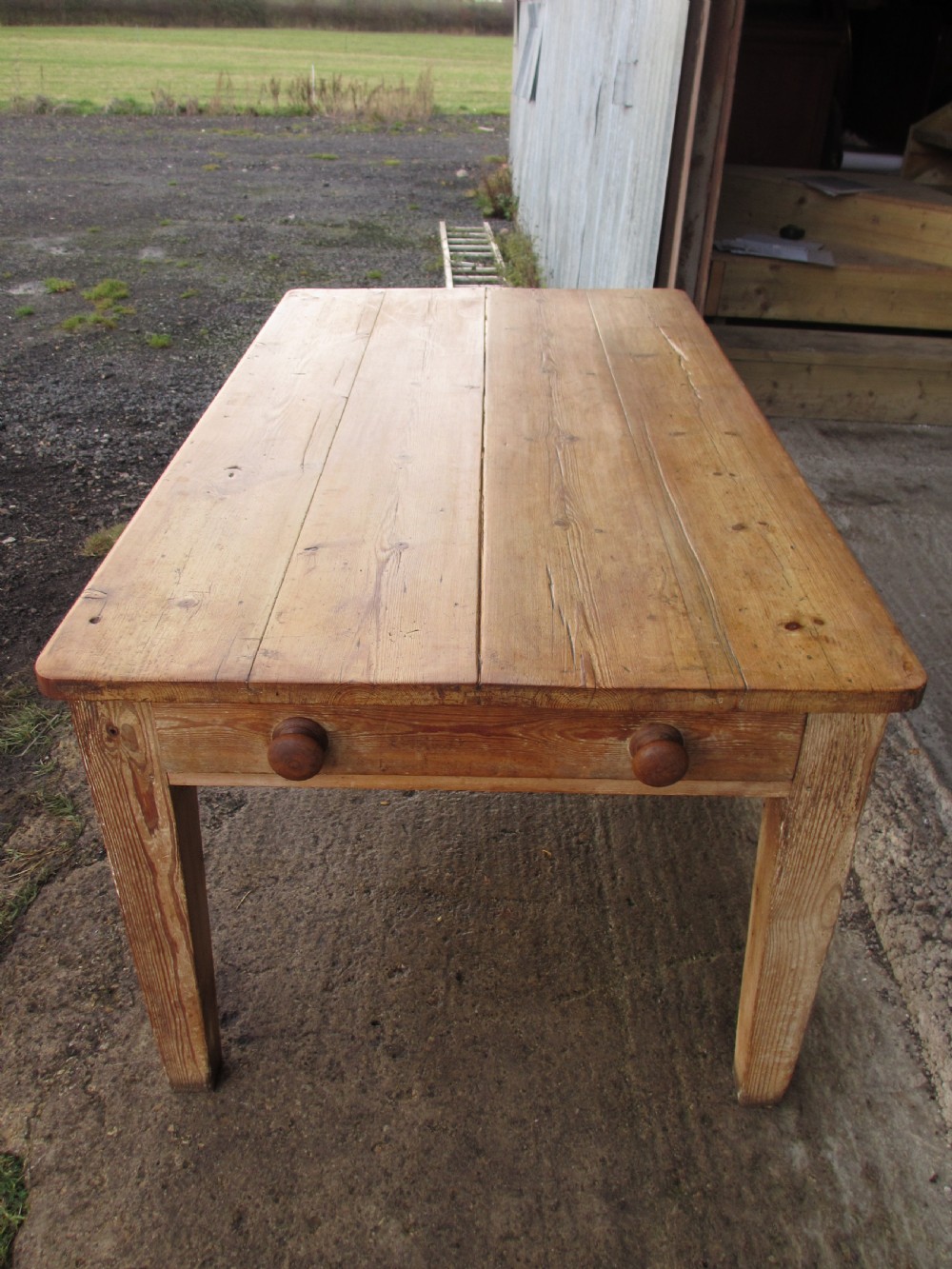 Victorian solid pine plank top kitchen dining table with drawers