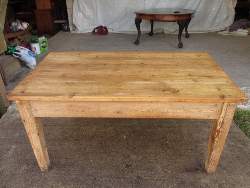Victorian solid pine plank top kitchen dining table with drawers View II