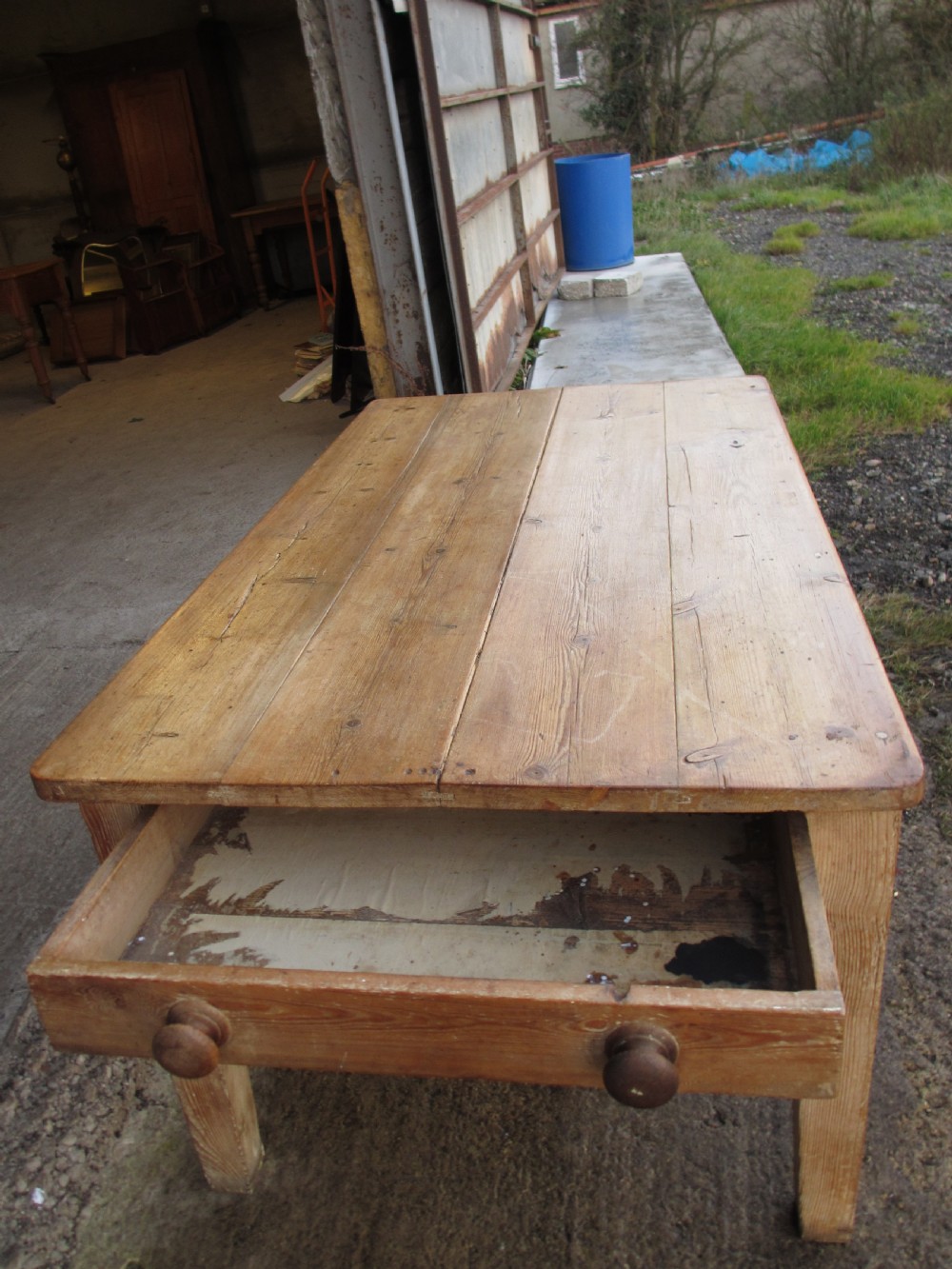 Victorian solid pine plank top kitchen dining table with drawers View III