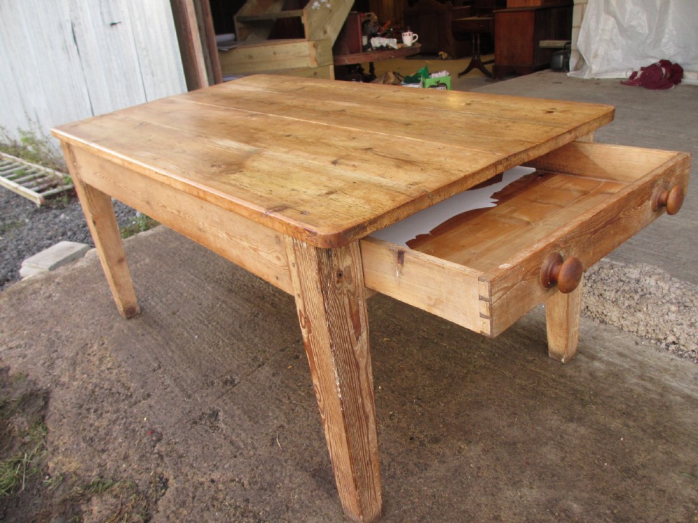 Victorian solid pine plank top kitchen dining table with drawers View IV