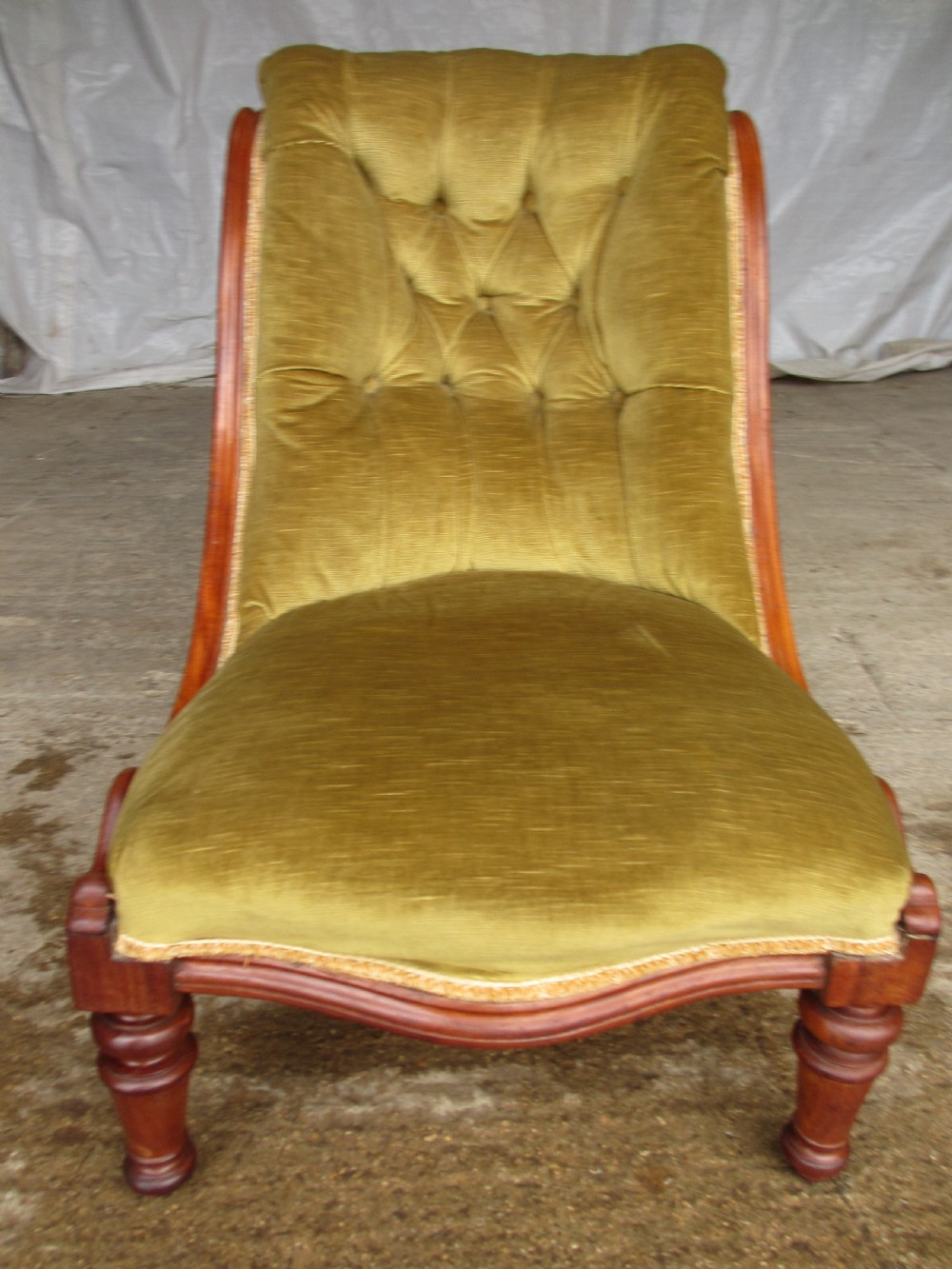 Victorian mahogany serpentine nursing chair Button upholstered Scroll back View II