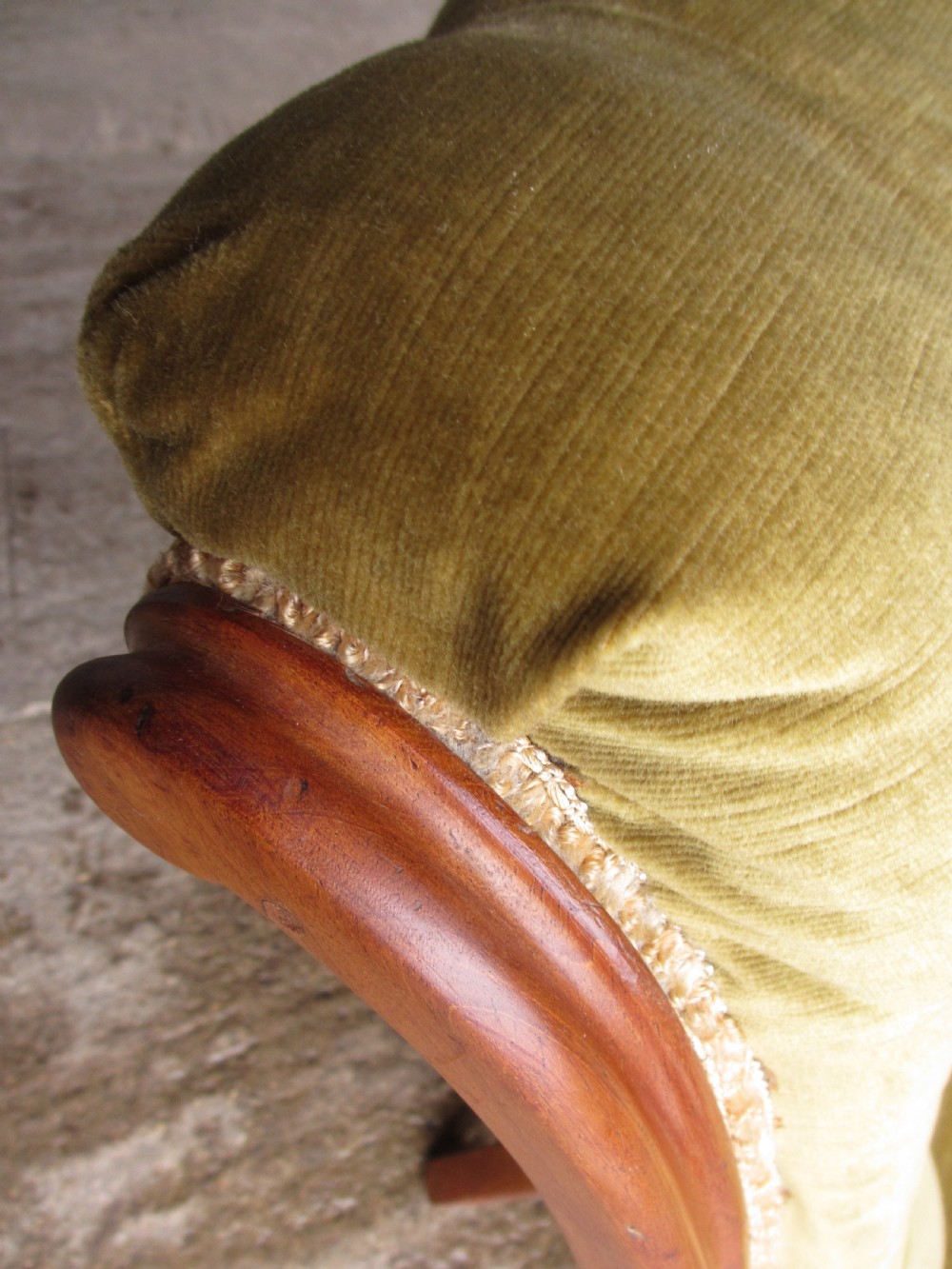 Victorian mahogany serpentine nursing chair Button upholstered Scroll back View III