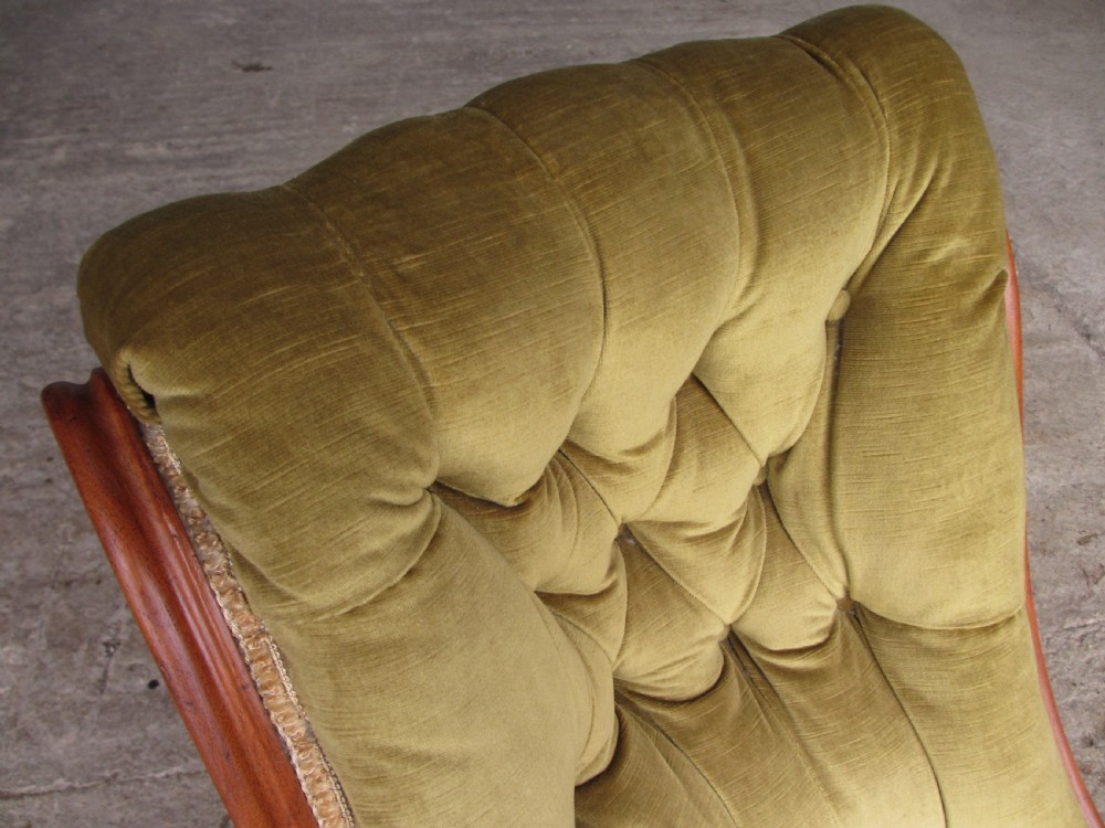 Victorian mahogany serpentine nursing chair Button upholstered Scroll back View IV