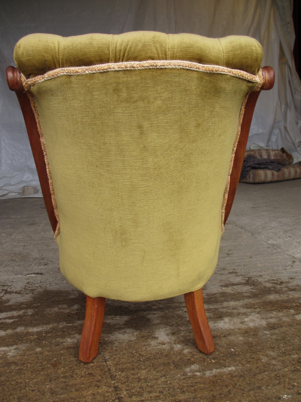 Victorian mahogany serpentine nursing chair Button upholstered Scroll back View VI