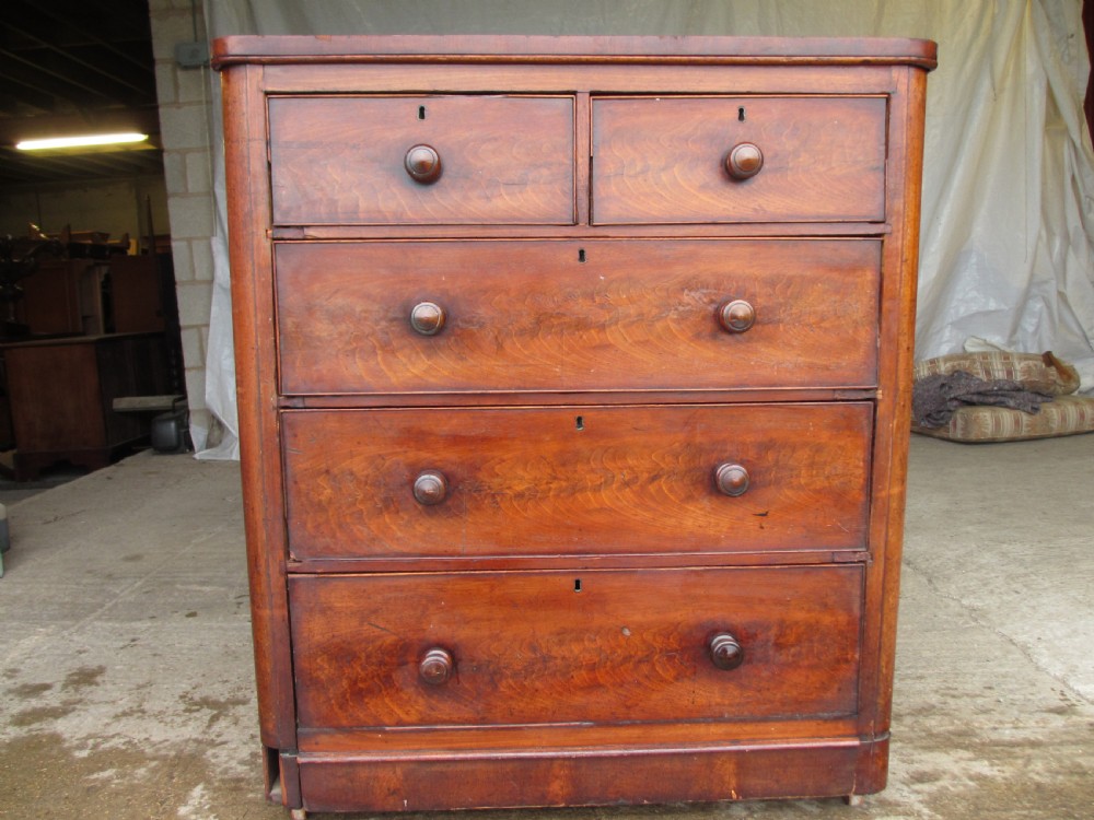 Victorian flame mahogany chest of drawers, bun handles, 2 over 3 View II