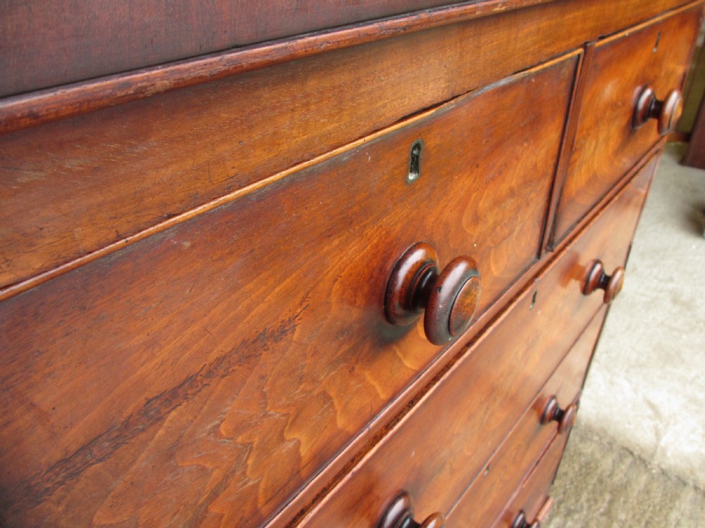 Victorian flame mahogany chest of drawers, bun handles, 2 over 3 View IV