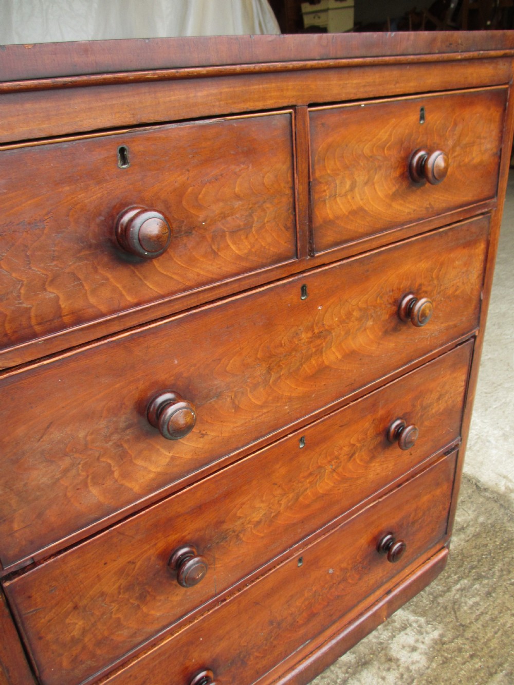 Victorian flame mahogany chest of drawers, bun handles, 2 over 3 View V