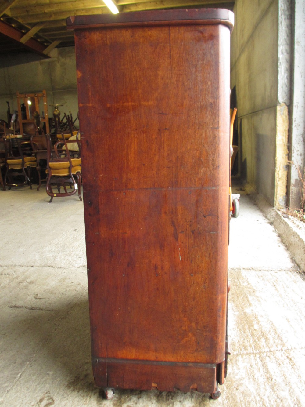 Victorian flame mahogany chest of drawers, bun handles, 2 over 3 View VII