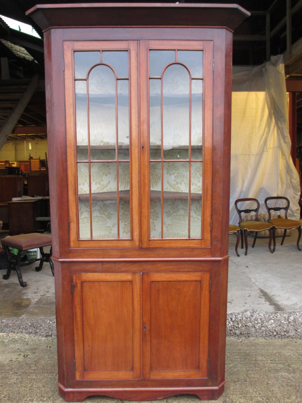 19th C mahogany glazed 2 part corner cabinet with shelves and cupboard View II