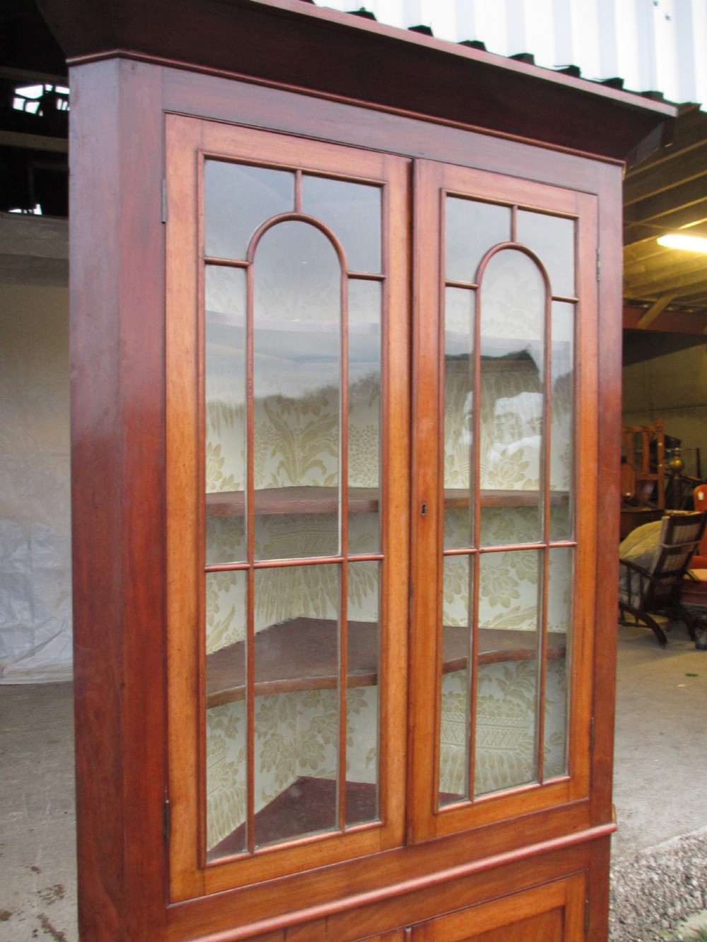 19th C mahogany glazed 2 part corner cabinet with shelves and cupboard View III