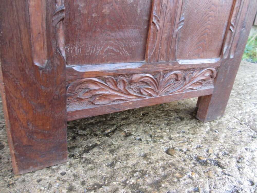 Victorian carved oak small coffer log bin with panelled sides View II