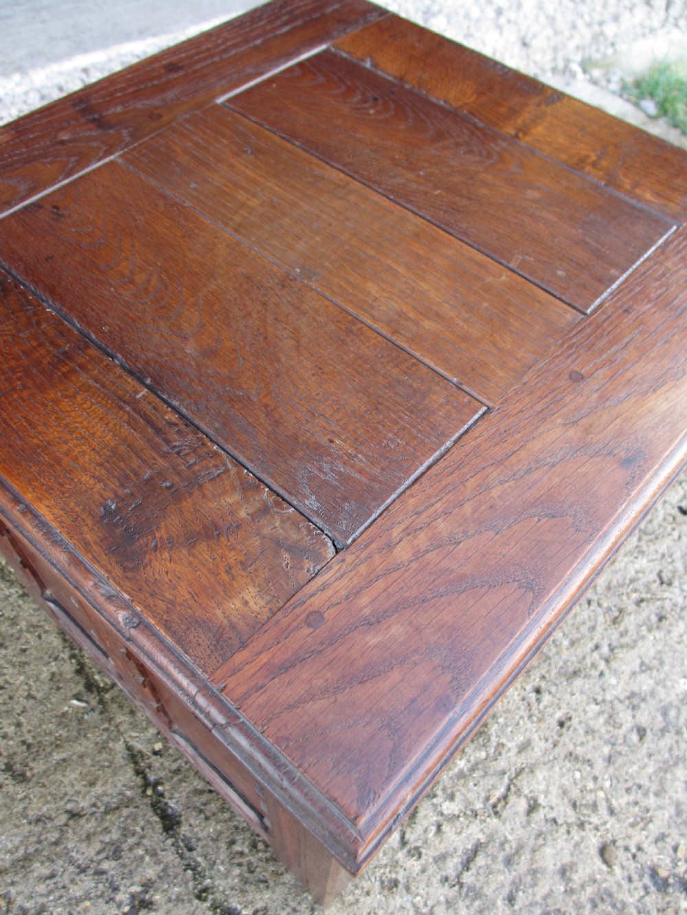 Victorian carved oak small coffer log bin with panelled sides View IV