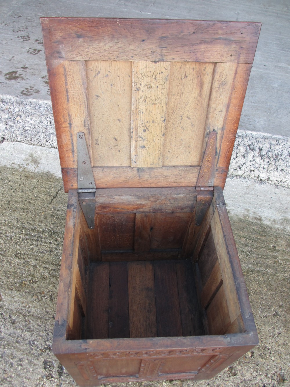 Victorian carved oak small coffer log bin with panelled sides View V