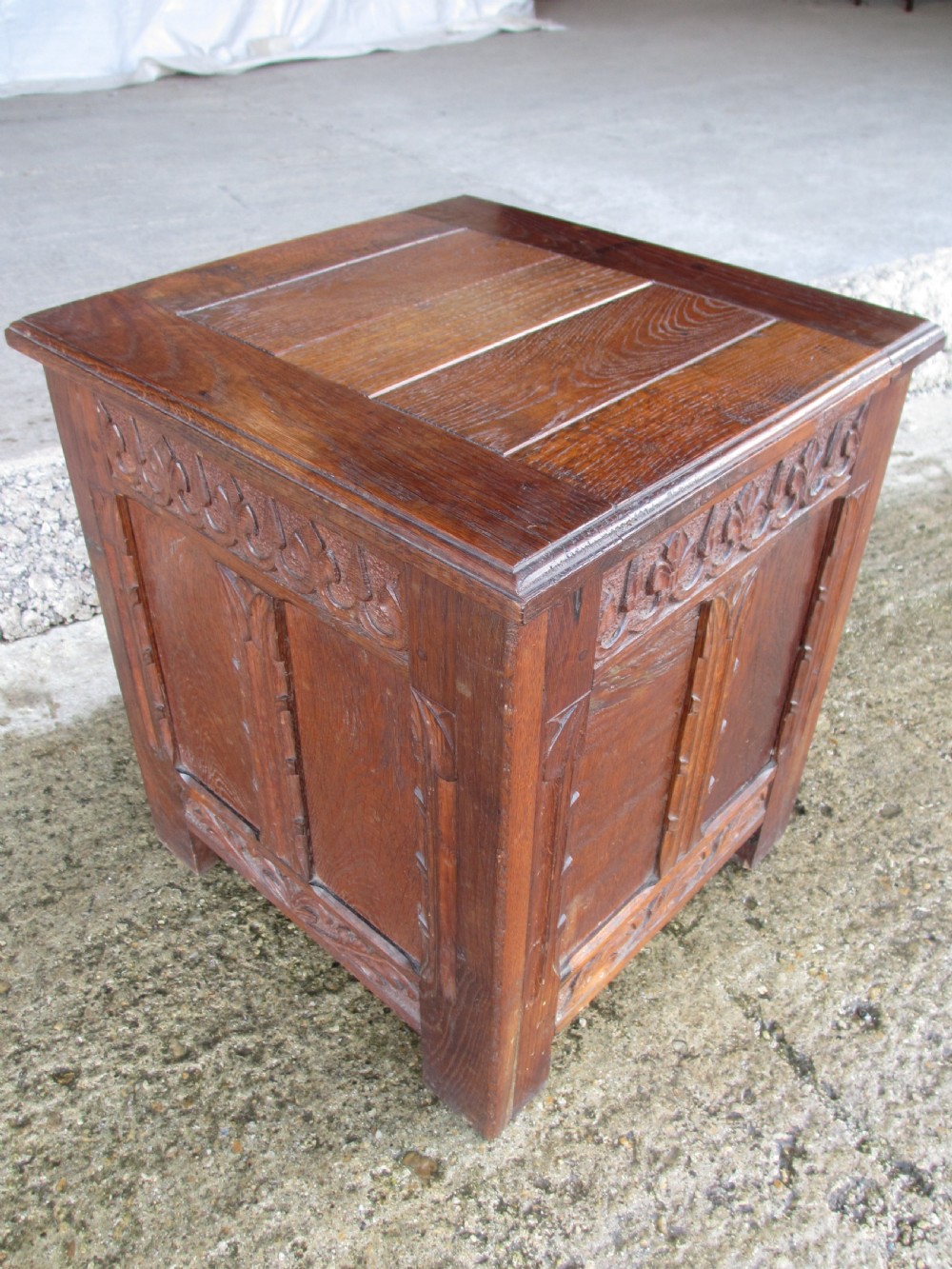 Victorian carved oak small coffer log bin with panelled sides View VII