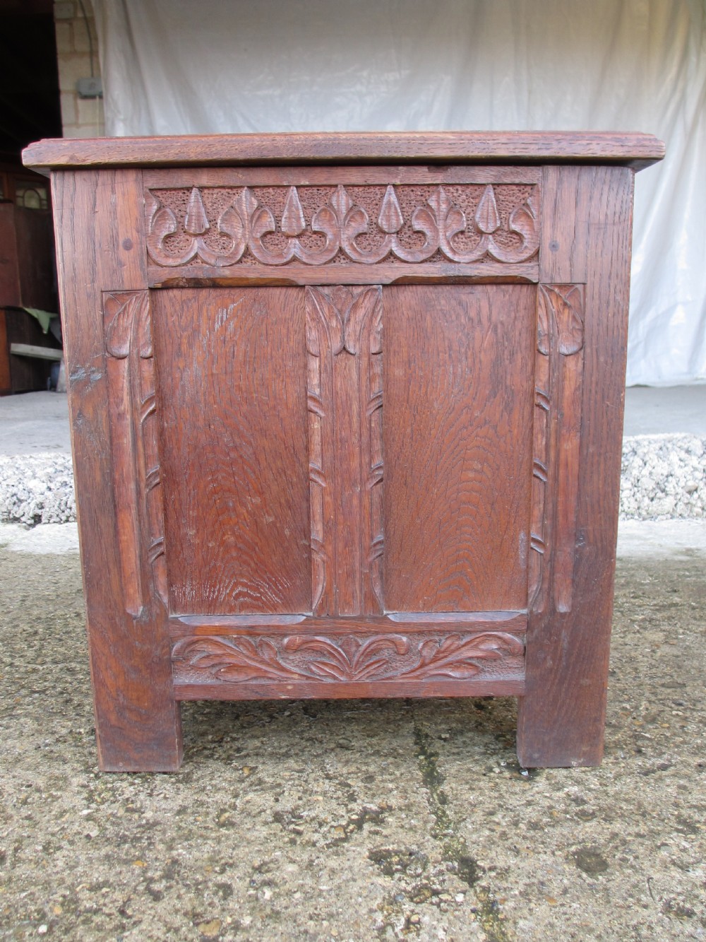 Victorian carved oak small coffer log bin with panelled sides View VIII