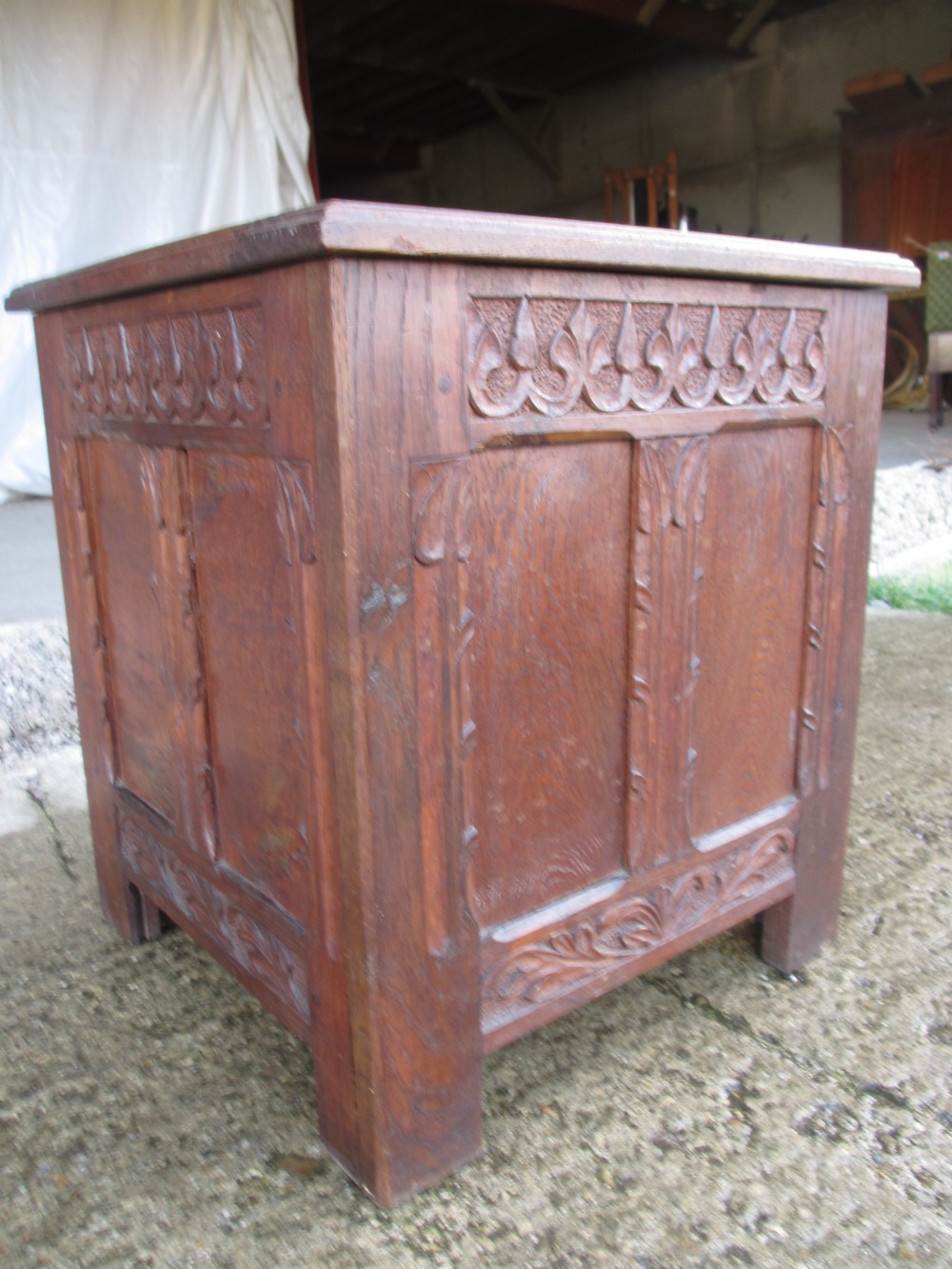 Victorian carved oak small coffer log bin with panelled sides View VI