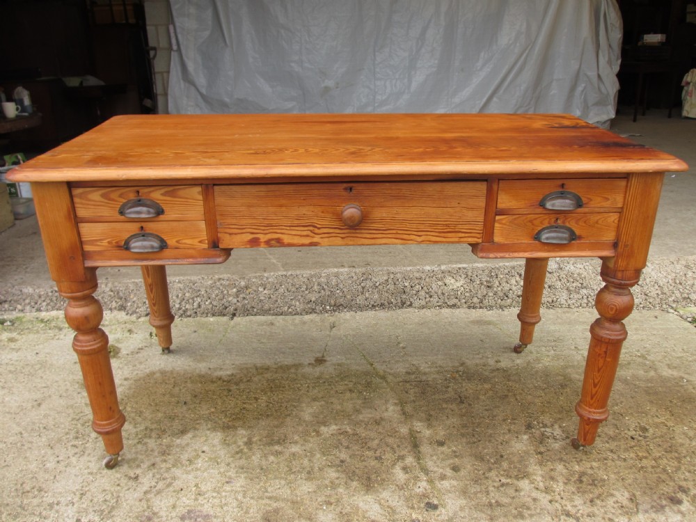 Victorian pitch pine writing library desk with 5 drawers