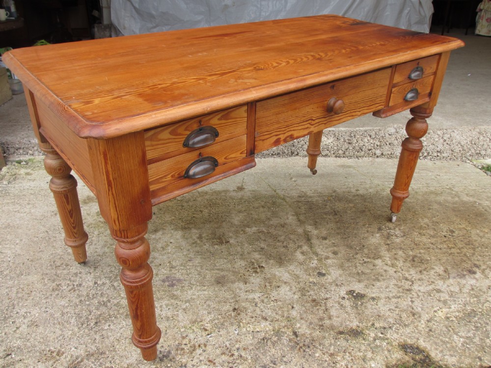 Victorian pitch pine writing library desk with 5 drawers View III