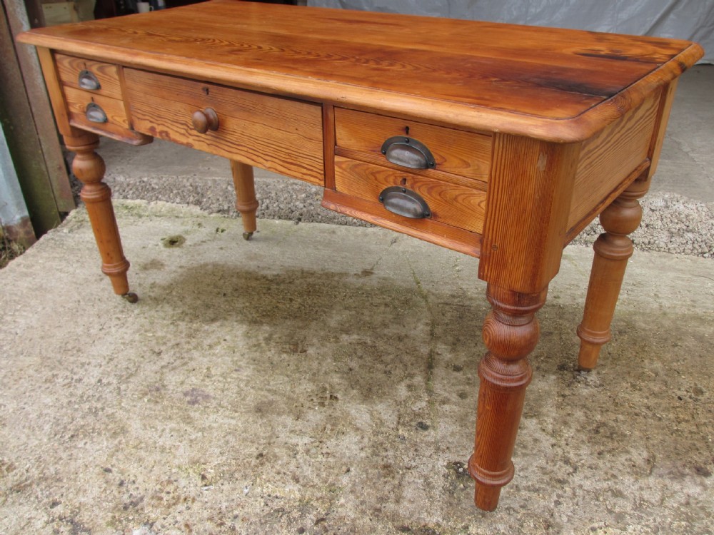 Victorian pitch pine writing library desk with 5 drawers View IV