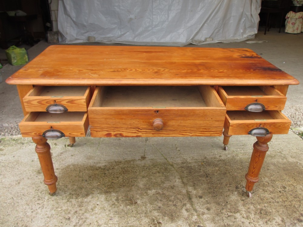 Victorian pitch pine writing library desk with 5 drawers View IX