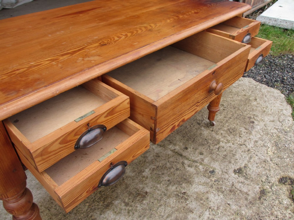 Victorian pitch pine writing library desk with 5 drawers View X