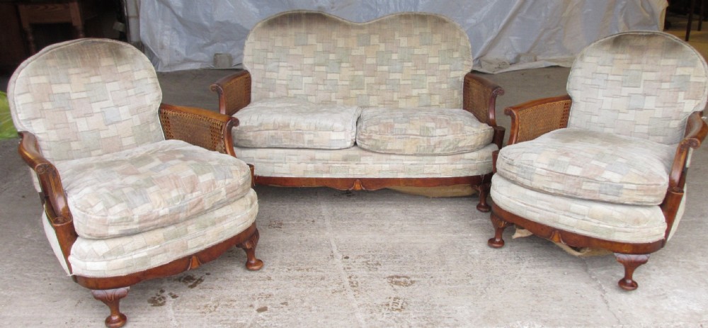 Walnut art deco bergere 3 piece suite sofa and 2 armchairs 