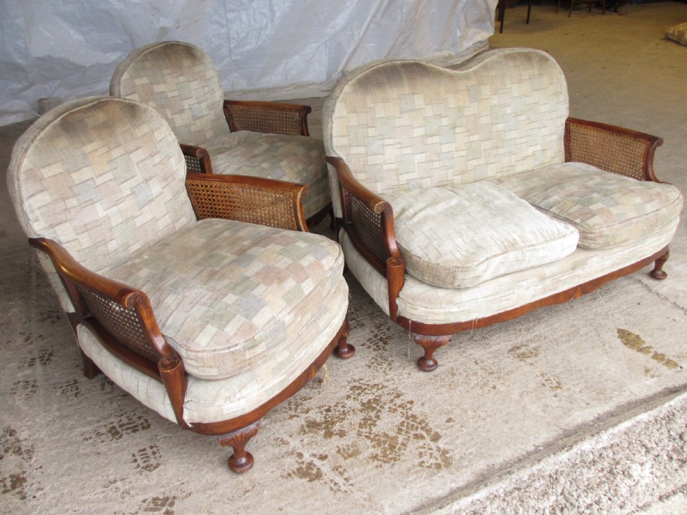 Walnut art deco bergere 3 piece suite sofa and 2 armchairs  View II