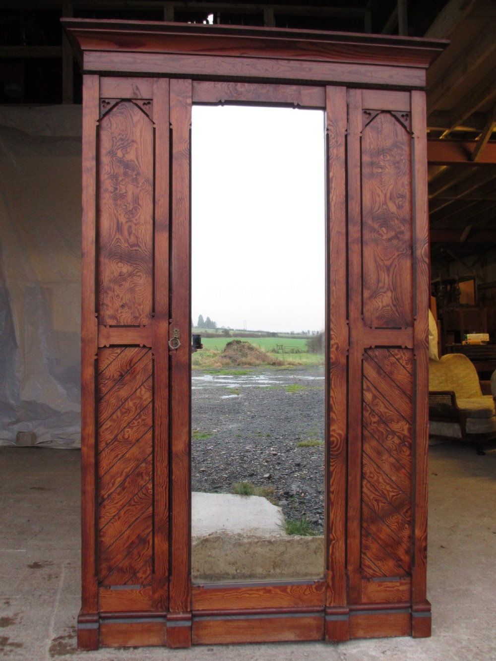 Superb Victorian Gothic pitch pine mirrored door linen press wardrobe