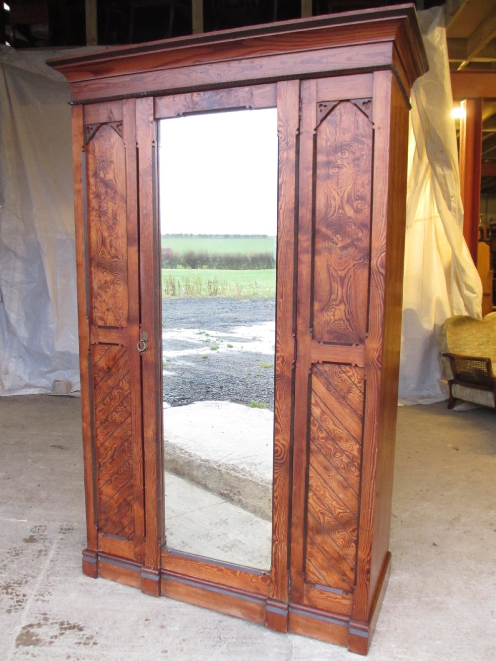 Superb Victorian Gothic pitch pine mirrored door linen press wardrobe View II
