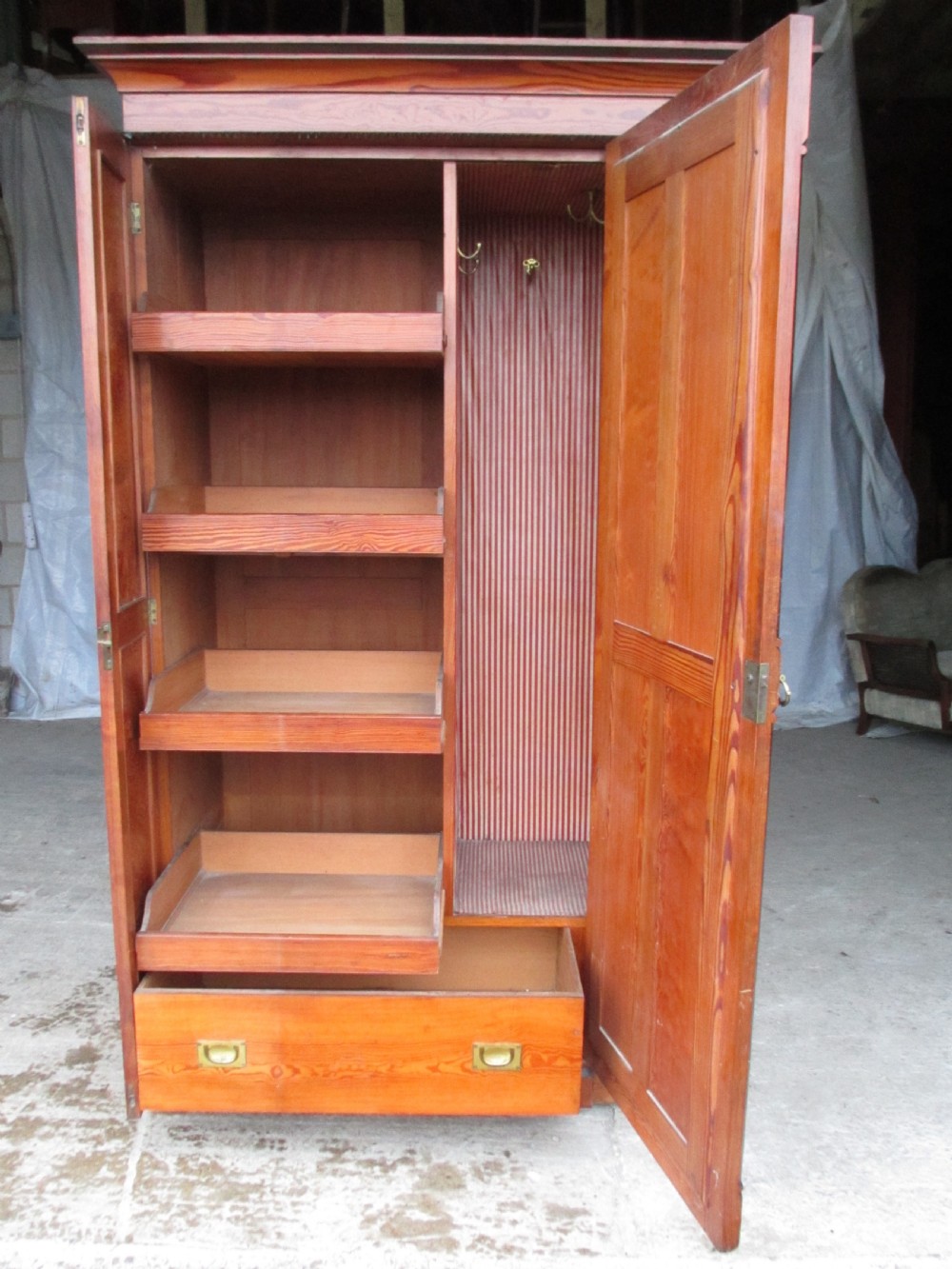 Superb Victorian Gothic pitch pine mirrored door linen press wardrobe View IX