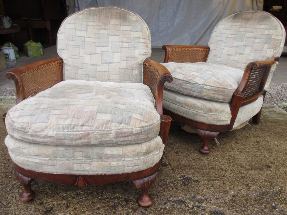 Pair of walnut art deco bergere armchairs  View II