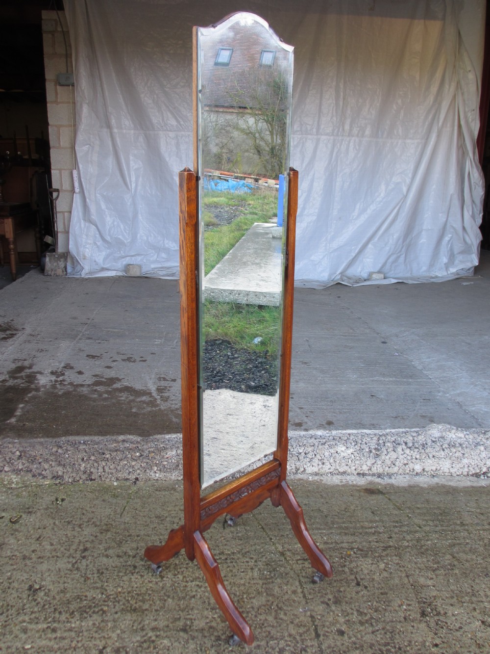 Victorian carved oak framed bevel glass cheval dressing mirror  View II
