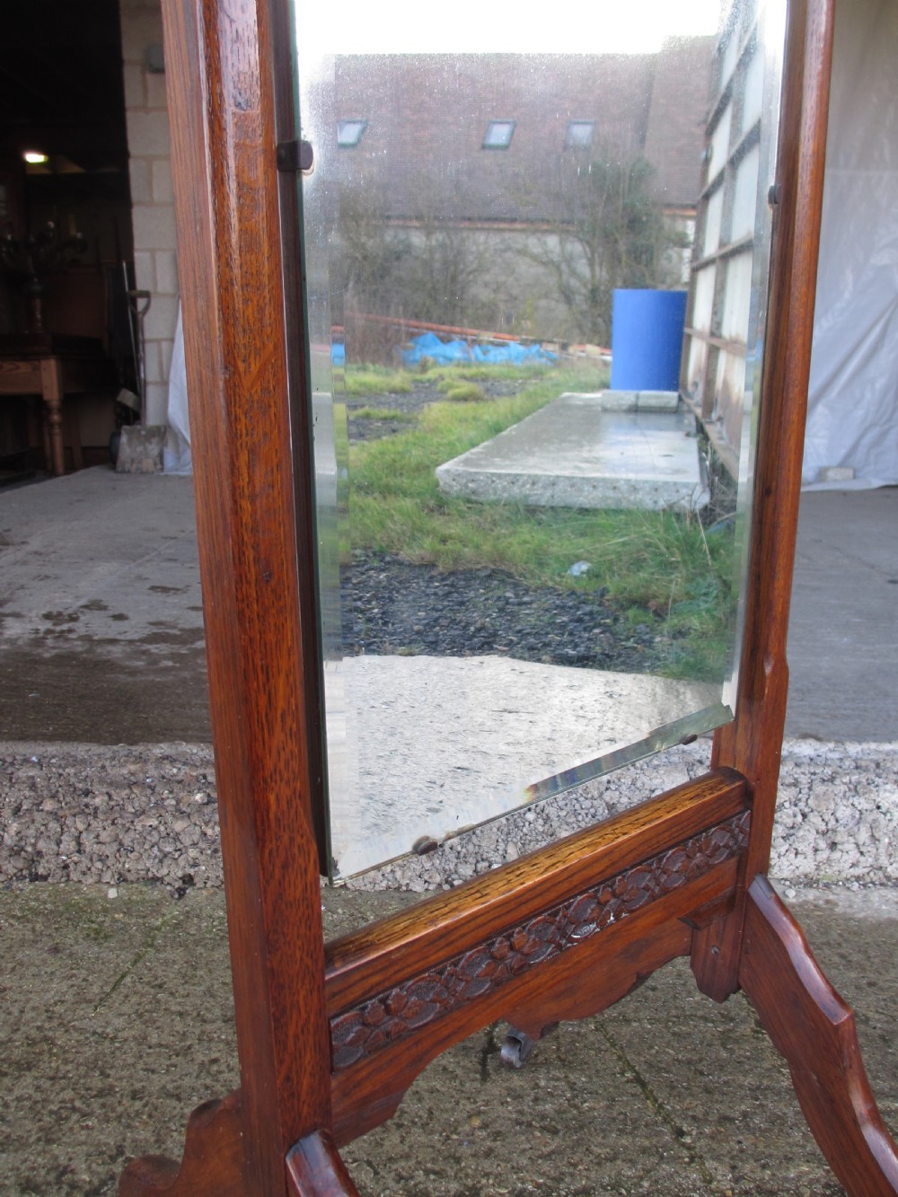 Victorian carved oak framed bevel glass cheval dressing mirror  View V