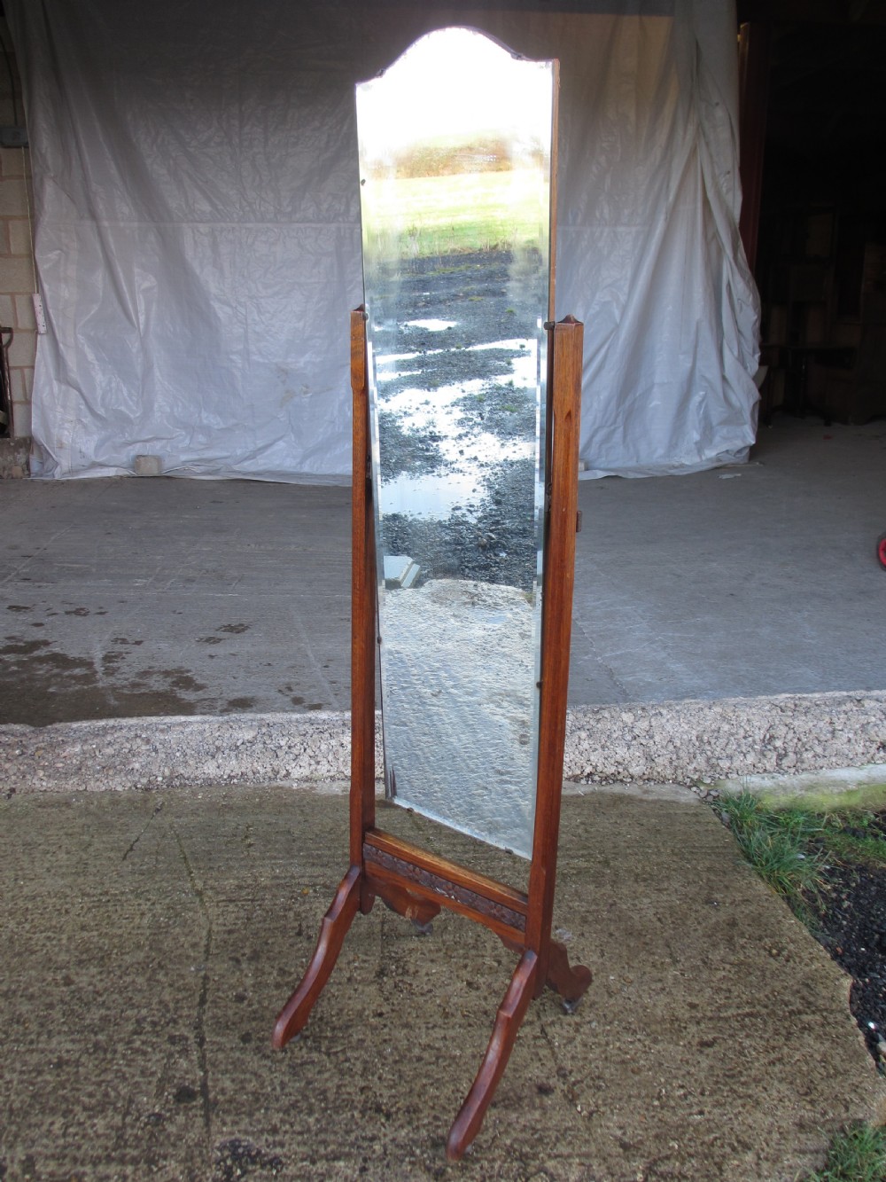 Victorian carved oak framed bevel glass cheval dressing mirror  View IX