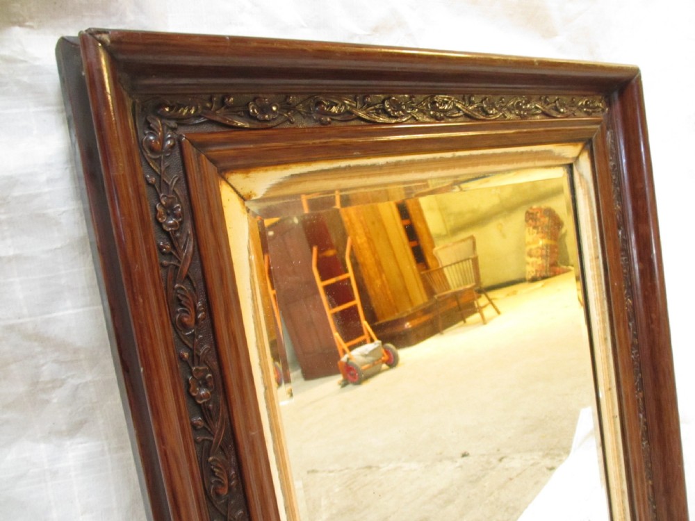 Victorian carved floral mahogany and gilt framed bevel glass wall hanging mirror View II
