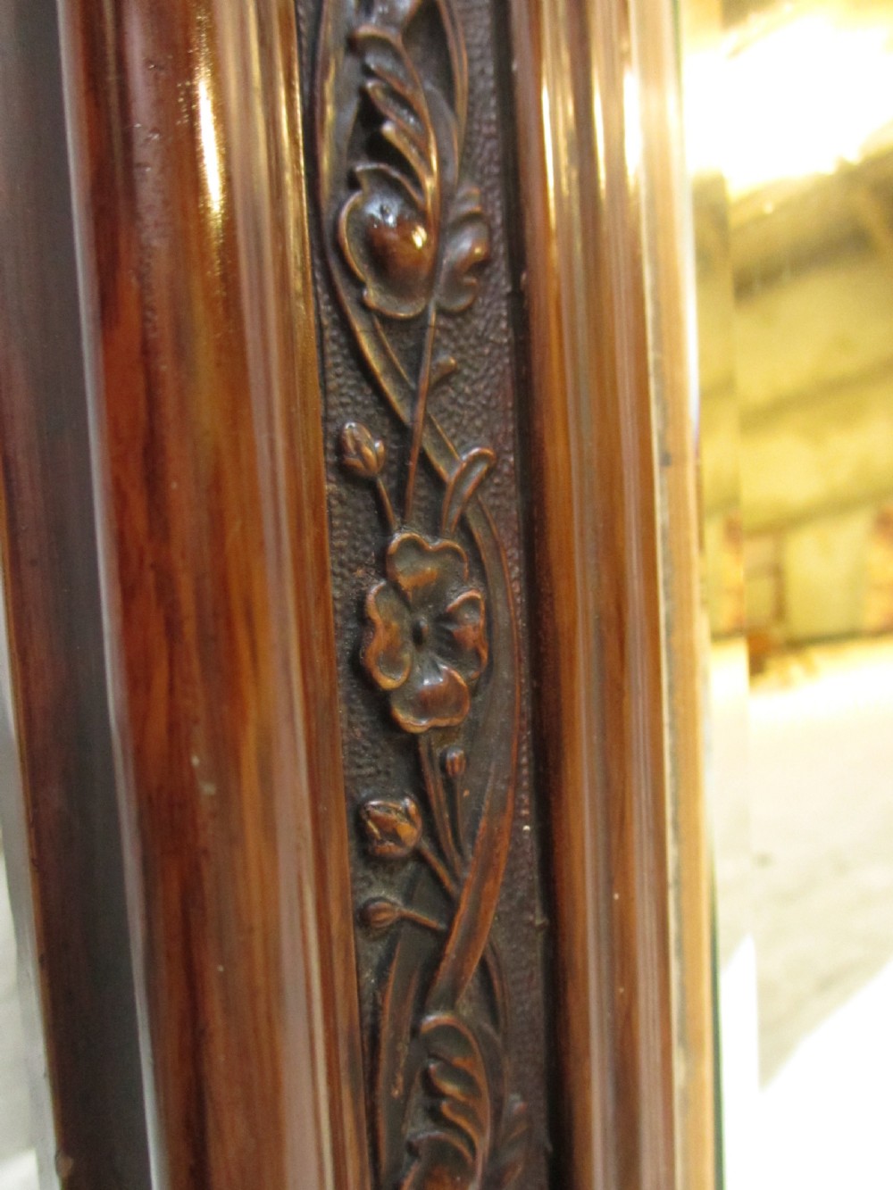 Victorian carved floral mahogany and gilt framed bevel glass wall hanging mirror View VIII