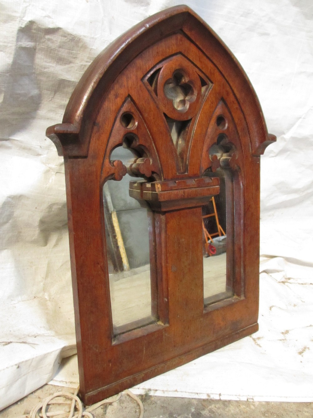 Victorian Gothic carved oak framed wall hanging decorative mirror  View II