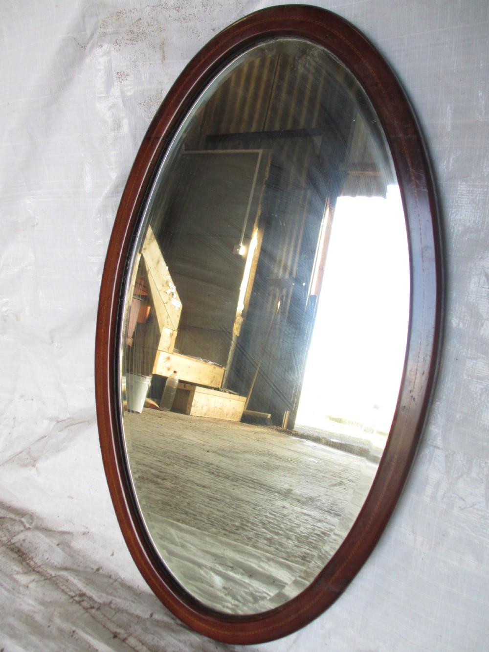 Edwardian inlaid mahogany oval wall hanging mirror with bevel glass View VII
