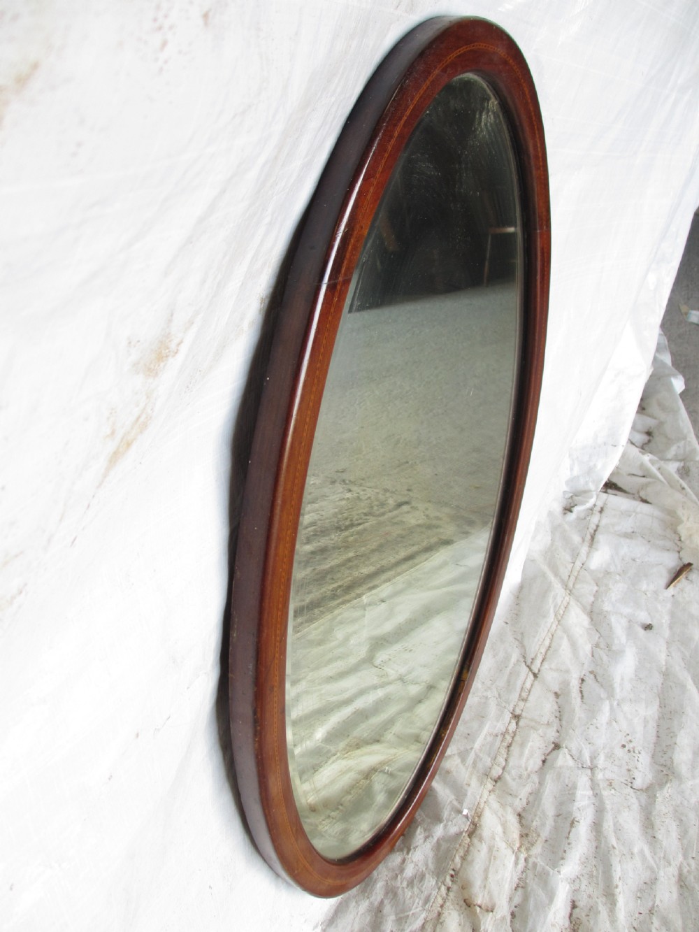 Edwardian inlaid mahogany oval wall hanging mirror with bevel glass View VIII