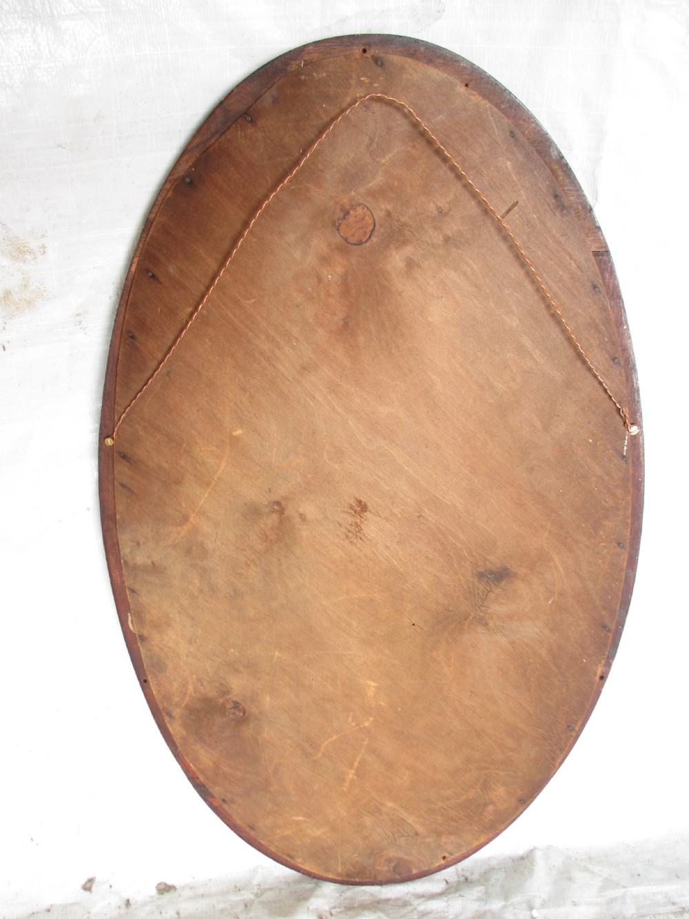 Edwardian inlaid mahogany oval wall hanging mirror with bevel glass View IX